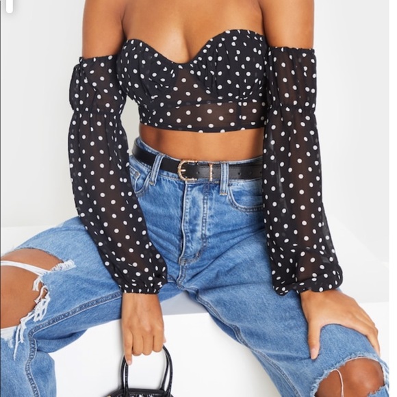PrettyLittleThing Tops - Cropped Mesh Polkadot Top.